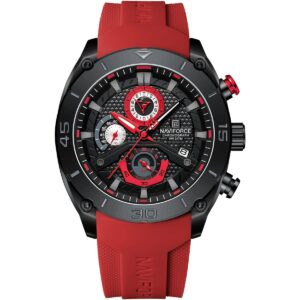 nf8038 b r r naviforce watch chronograph wr 3atm men black dial rubber red strap quartz battery analog for dream