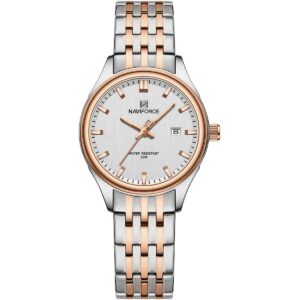 nf8039l s rg w naviforce watch water resistant 30m women white dial stainless steel metal silver rose gold strap quartz battery analog three hand for dream