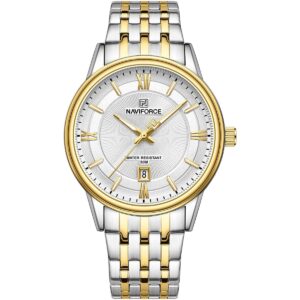 nf8040g s g w naviforce watch water resistant 30m men white dial stainless steel metal silver gold strap quartz battery analog three hand for dream