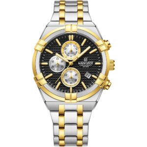 nf8042 s b g naviforce watch chronograph wr 3atm men black dial stainless steel metal silver gold strap quartz battery analog for dream
