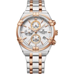 nf8042 s w rg naviforce watch chronograph wr 3atm men white dial stainless steel metal silver rose gold strap quartz battery analog for dream