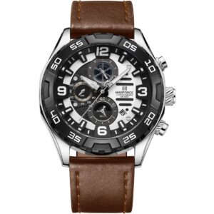 nf8043 s w bn naviforce watch chronograph wr 3atm men white dial leather brown strap quartz battery analog for dream