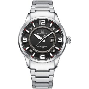nf8044 s b s naviforce watch water resistant 30m men black dial stainless steel metal silver strap quartz battery analog three hand for dream