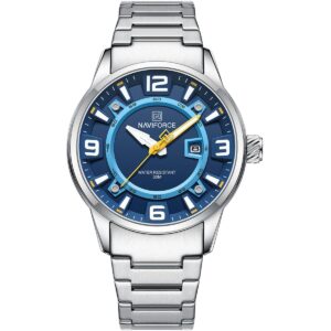 nf8044 s be s naviforce watch water resistant 30m men blue dial stainless steel metal silver strap quartz battery analog three hand for dream
