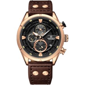 nf8045 rg b d bn naviforce watch chronograph men black dial leather brown strap quartz battery analog for dream