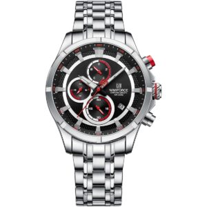 nf8046 s b s naviforce watch chronograph wr 3atm men black dial stainless steel metal silver strap quartz battery analog for dream