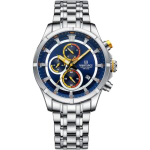 nf8046 s be s naviforce watch chronograph wr 3atm men blue dial stainless steel metal silver strap quartz battery analog for dream