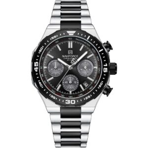 nf8049 s b b naviforce watch chronograph wr 3atm men black dial stainless steel metal silver strap quartz battery analog for dream