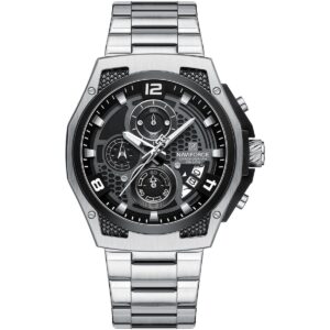 nf8051s s b s naviforce watch chronograph wr 3atm men black dial metal stainless steel silver strap quartz battery analog for dream