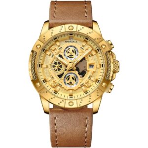 nf8055 g g bn naviforce watch men gold dial leather brown strap quartz battery analog chronograph for dream