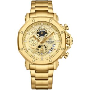 nf8065 g g g naviforce watch chronograph wr 3atm men gold dial stainless steel metal golden strap quartz battery analog for dream