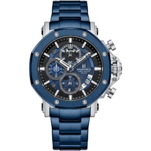 nf8065 s be be naviforce watch chronograph wr 3atm men blue dial stainless steel metal strap quartz battery analog for dream
