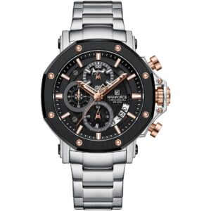 nf8065 s rg s naviforce watch chronograph wr 3atm men black dial stainless steel metal silver strap quartz battery analog for dream