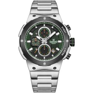 nf8072 s gn s naviforce watch chronograph wr 3atm men green dial metal stainless steel silver strap quartz battery analog for dream