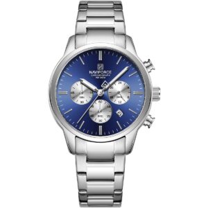 nf8076 s be s naviforce watch chronograph wr 3atm men blue dial metal stainless steel silver strap quartz battery analog for dream