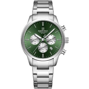 nf8076 s gn s naviforce watch chronograph wr 3atm men green dial metal stainless steel silver strap quartz battery analog for dream