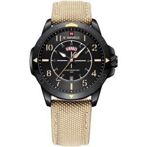 nf9204n b b y naviforce watch water resistant 30m men black dial fibers beige strap quartz battery analog three hand for dream