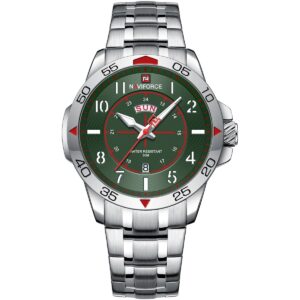 nf9204s s gn s naviforce watch water resistant 30m men green dial stainless steel metal silver strap quartz battery analog three hand for dream