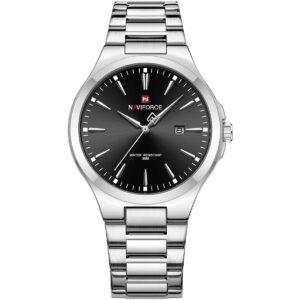 nf9214 s b naviforce watch water resistant 30m men black dial stainless steel metal silver strap quartz battery analog three hand for dream