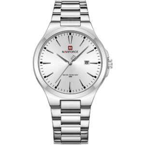 nf9214 s w naviforce watch water resistant 30m men white dial stainless steel metal silver strap quartz battery analog three hand for dream