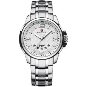 nf9215s s b w naviforce watch men white dial stainless steel metal silver strap quartz battery analog three hand for dream