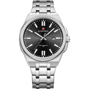 nf9226 s b s naviforce watch water resistant 30m men black dial stainless steel metal silver strap quartz battery analog three hand for dream