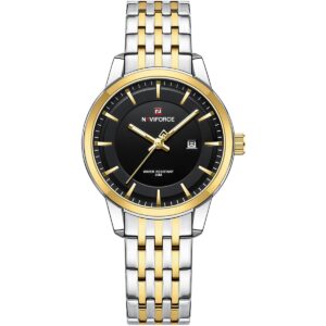 nf9228l s b g naviforce watch water resistant 30m women black dial stainless steel metal silver gold strap quartz battery analog three hand for dream