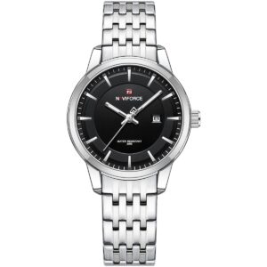 nf9228l s b s naviforce watch water resistant 30m women black dial stainless steel metal silver strap quartz battery analog three hand for dream