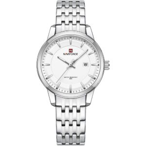 nf9228l s w s naviforce watch water resistant 30m women white dial stainless steel metal silver strap quartz battery analog three hand for dream