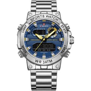 nf9237 s be s naviforce watch water resistant 30m men blue dial metal stainless steel silver strap quartz battery digital analog chronograph for dream