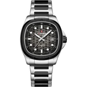 nf9240 s b b naviforce watch water resistant 30m men square two tone black dial metal stainless steel silver strap quartz battery analog three hand for dream