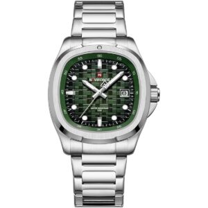 nf9240 s gn s naviforce watch water resistant 30m men square green dial metal stainless steel silver strap quartz battery analog three hand for dream