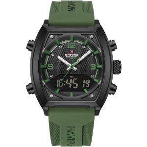 nf9242 b gn gn naviforce watch water resistant 30m men square black dial rubber green strap quartz battery digital analog three hand for dream
