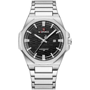 nf9245 s b s naviforce watch water resistant 30m men black dial metal stainless steel silver strap quartz battery analog three hand for dream