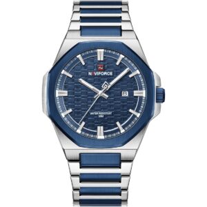nf9245 s be be naviforce watch water resistant 30m men two tone blue dial metal stainless steel silver strap quartz battery analog three hand for dream