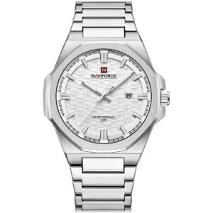 nf9245 s w s naviforce watch water resistant 30m men white dial metal stainless steel silver strap quartz battery analog three hand for dream