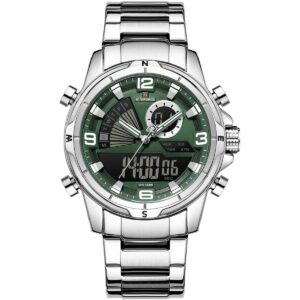 nf9257 s gn s naviforce watch wr 3bar men green dial metal stainless steel silver strap quartz battery digital analog three hand for dream