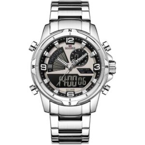 nf9257 s gy s naviforce watch wr 3bar men gray dial metal stainless steel silver strap quartz battery digital analog three hand for dream