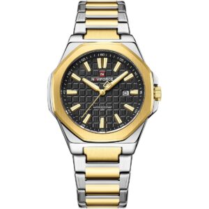 nf9258 g b g naviforce watch water resistant 30m men two tone black dial metal stainless steel silver gold strap quartz battery analog three hand for dream