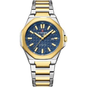 nf9258 g be g naviforce watch water resistant 30m men two tone blue dial metal stainless steel silver gold strap quartz battery analog three hand for dream