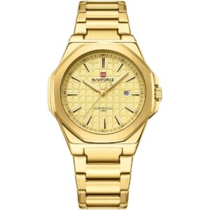nf9258 g g g naviforce watch water resistant 30m men gold dial metal stainless steel golden strap quartz battery analog three hand for dream