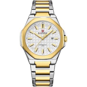 nf9258 g w g naviforce watch water resistant 30m men two tone white dial metal stainless steel silver gold strap quartz battery analog three hand for dream