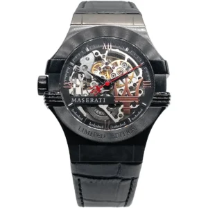 r8821108021 maserati watch men black dial leather strap automatic analog three hand potenza