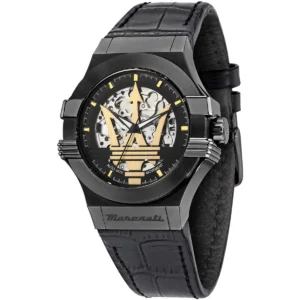 r8821108051 maserati watch men automatic black dial leather strap analog three hand potenza