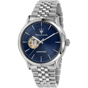 r8823118009 maserati watch men automatic blue dial metal stainless steel silver strap analog three hand epoca