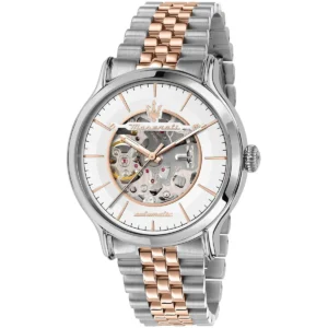 r8823118011 maserati two tone watch men automatic silver dial metal stainless steel rose gold strap analog three hand epoca