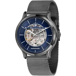 r8823118012 maserati gunmetal stainless steel mesh watch men automatic blue dial metal gray strap analog three hand epoca