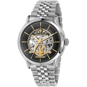 r8823118015 maserati watch men automatic black dial metal stainless steel silver strap analog three hand epoca