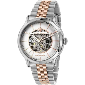r8823118016 maserati two tone watch men automatic silver dial metal stainless steel rose gold strap analog three hand epoca