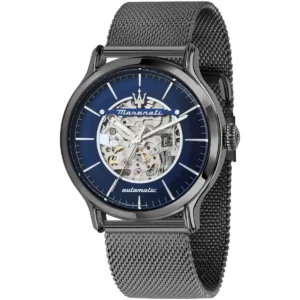 r8823118017 maserati gunmetal stainless steel mesh watch men automatic blue dial metal gray strap analog three hand epoca